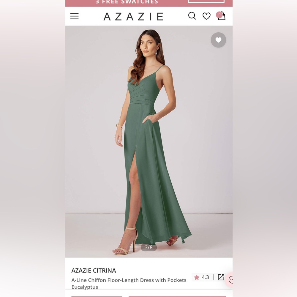 Azazie Citrina Chiffon Full Length Dress w/ pockets. Eucalyptus Green. Size 12
